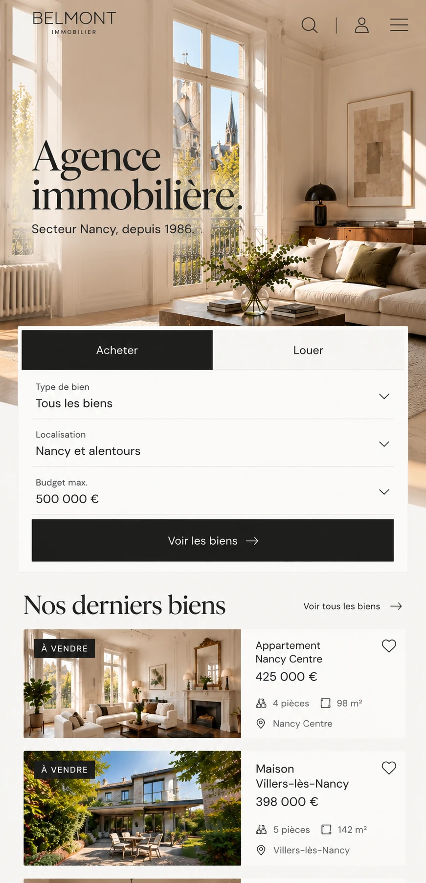 Design de site immobilier Belmont sur téléphone